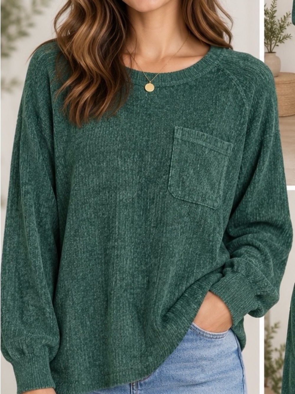 Zenana Outfitters Forest Green Crew Neck Pocket Sweater NWOT